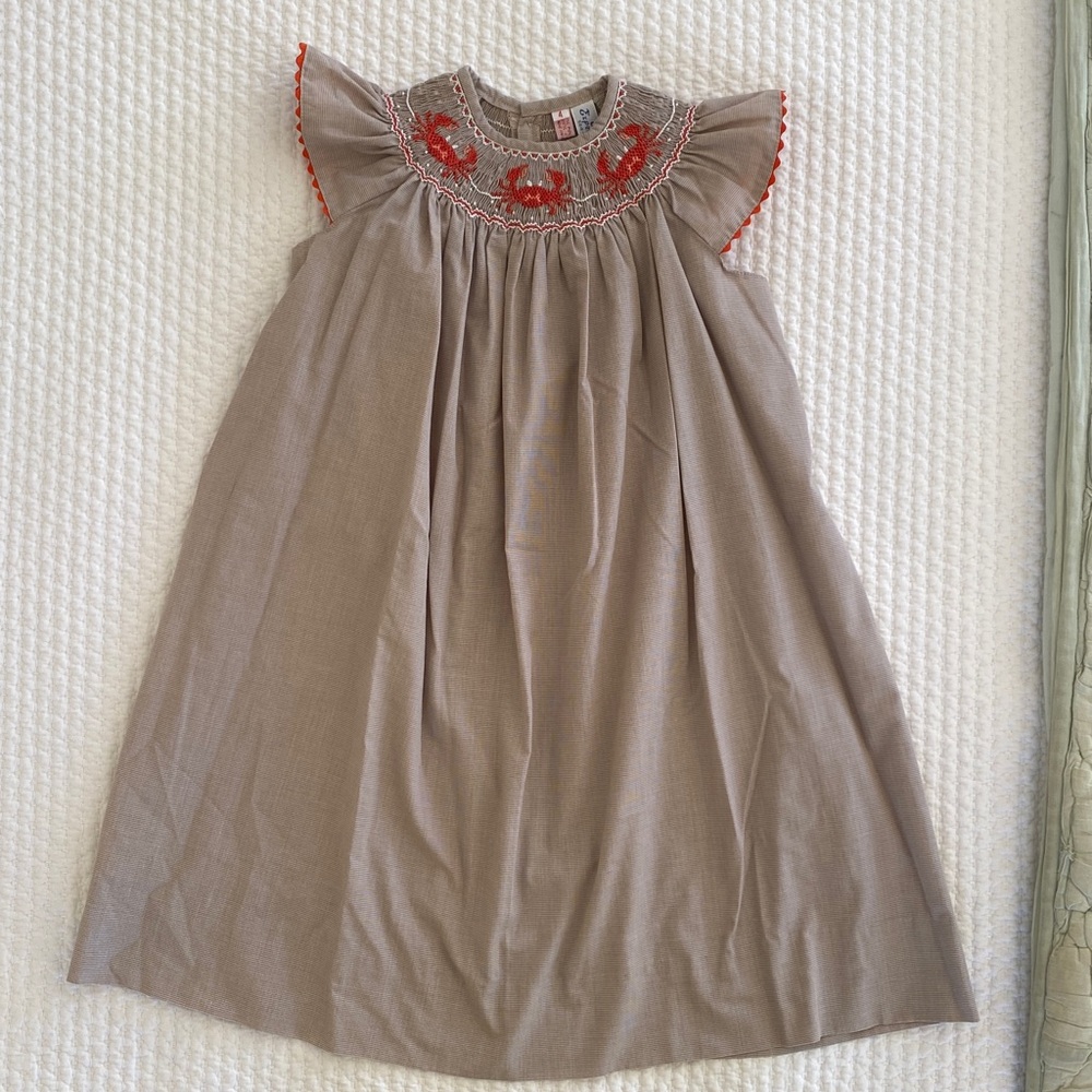 Orient Expressed Girls’ Smocked Bishop Dress with Crab Embroidery, Size 4